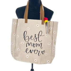 Dayna Lee Collection "Best Mom Ever" 100% Cotton Canvas Floral Pom-Pom Tote, NWT